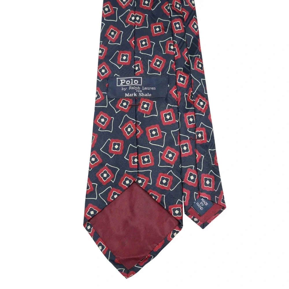 Polo Ralph Lauren Mark Shale Navy Silk Foulard Necktie‎ Red Geometric Print USA
